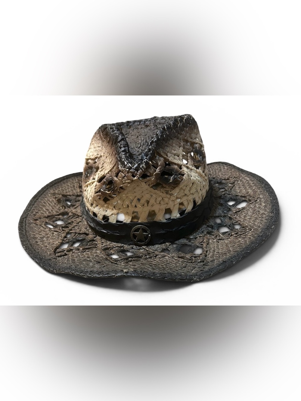 WOVEN BROWN /CREAM BLACK LEATHER BAND & CONCHO RODEO UNISEX MADE IN MEXICO HAT.